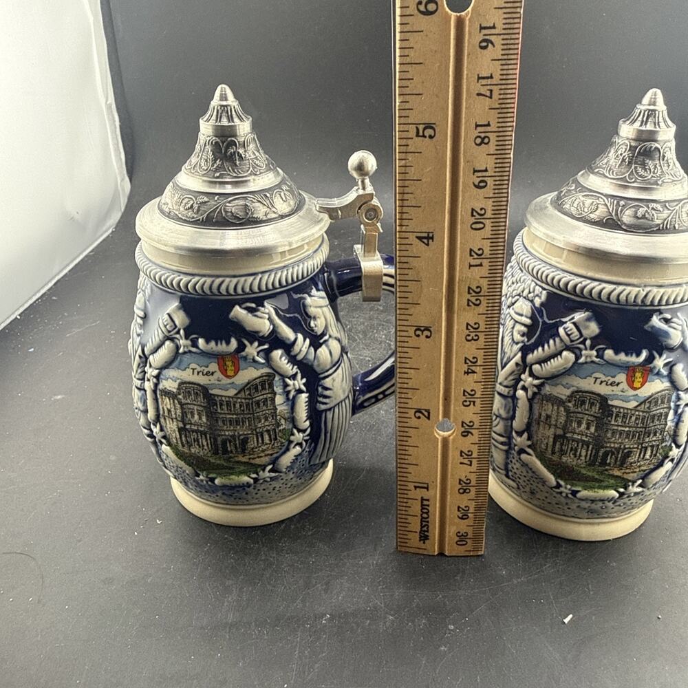 Vintage German Beer Steins Trier Kleiber Lidded Stoneware Mugs Set of 2 Germany - Picture 8 of 8